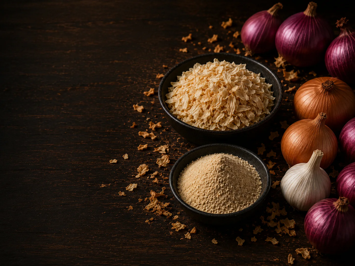 Dehydrated onion flakes, powder, granules and minced onion